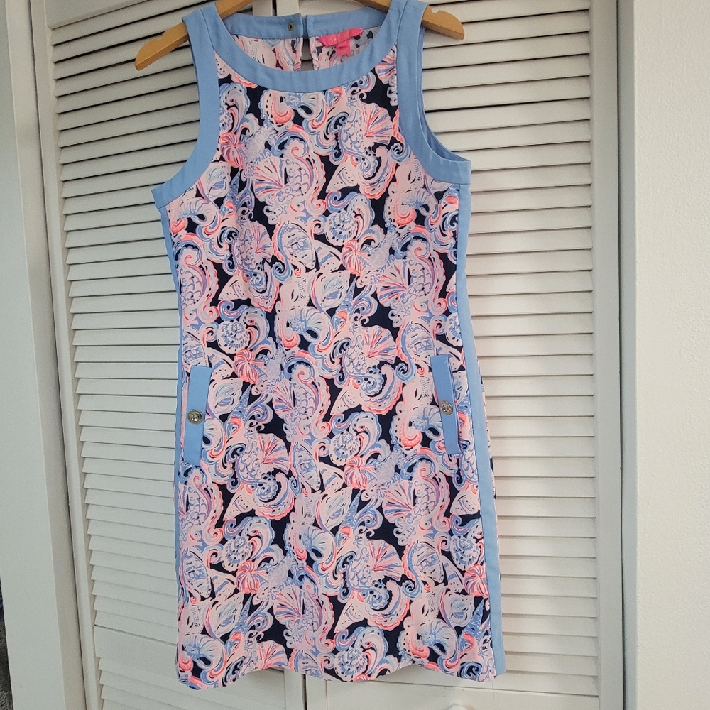 Lilly Pulitzer Angie Stretch Shift Dress High Tide Navy Shells Size 10